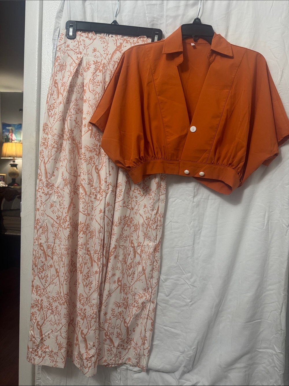 Rust Orange Cropped Button-Up Top with Cream Floral Maxi Skirt